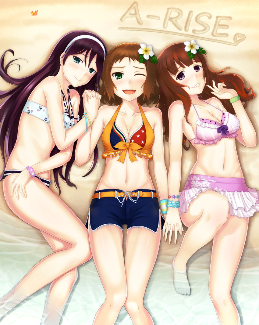 3girls a-rise aqua_eyes barefoot beach bikini blush breasts brown_hair commentary_request flower green_eyes hair_flower hair_ornament highres holding_hands interlocked_fingers kira_tsubasa long_hair love_live! love_live!_school_idol_project lying mari-itachidosi medium_breasts multiple_girls navel on_back on_side one_eye_closed purple_eyes purple_hair short_hair shorts skirt smile soaking_feet swimsuit todo_erena water yuki_anju