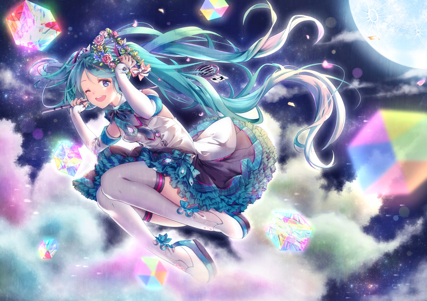 aqua_hair blue_eyes boots commentary_request cube detached_sleeves eighth_note female floating frills hatsune_miku head_wreath head_wreath_removed holding holding_wand kyashii_(a3yu9mi) long_hair looking_at_viewer magical_mirai_(vocaloid) magical_mirai_miku magical_mirai_miku_(2017) microphone microphone_wand moon musical_note night one_eye_closed open_mouth plaid plaid_ribbon ribbon round_teeth skirt solo star_(sky) teeth thigh_boots thighhighs twintails upper_teeth_only very_long_hair vocaloid wand