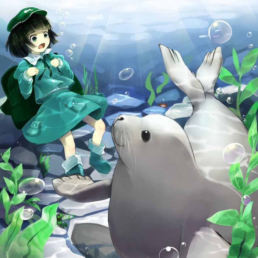 :o afloat air_bubble backpack bag black_hair boots bubble commentary_request crab dark_haired_kappa falling female flat_cap green_eyes hat highres kappa_mob_(touhou) light_rays long_sleeves looking_at_another looking_down loose_clothes manzairaku open_mouth piyodesu plant ribbon rock rubber_boots seal_(animal) seaweed short_hair skirt skirt_set solo sunbeam sunlight touhou underwater water wide-eyed wild_and_horned_hermit