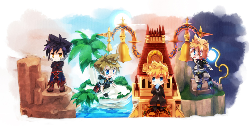 4boys armor bell_tower black_coat_(kingdom_hearts) black_hair blonde_hair blue_eyes brown_hair chain_necklace chains cloak clock clock_tower commentary_request food fujiymn ice_cream jewelry kingdom_hearts kingdom_hearts_birth_by_sleep multiple_boys necklace palm_tree photoshop_(medium) roxas sora_(kingdom_hearts) spoilers tower tree vanitas_(kingdom_hearts) ventus_(kingdom_hearts) wristband yellow_eyes