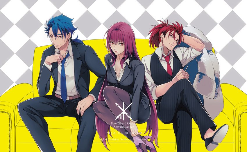 2boys black_pantyhose blue_hair boy_sandwich breasts business_suit character_name cigarette cleavage coat commentary_request copyright_name crossed_legs cu_chulainn_(fate) cu_chulainn_(fate/prototype) fate/extra fate/grand_order fate/prototype fate_(series) female formal high_heels large_breasts li_shuwen_(fate) li_shuwen_(young)_(fate) loafers long_hair looking_at_viewer loose_necktie multiple_boys necktie nishi_juuji pantyhose purple_hair red_eyes sandwiched scathach_(fate) shoes sitting skirt skirt_suit suit unworn_coat very_long_hair vest