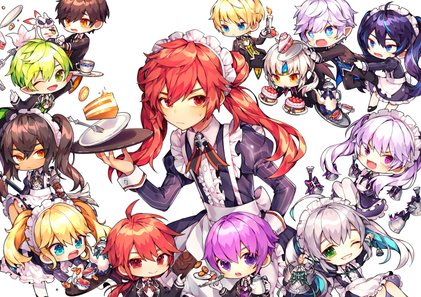 absurdres add_(elsword) ainchase_ishmael aisha_landar april_fools ara_haan bad_id bad_twitter_id bell book butler cake candle chocolate_chip_cookie chung_seiker ciel_(elsword) cookie crossdressing cup elesis_(elsword) elsword eun_(elsword) eve_(elsword) everyone facial_mark food forehead_jewel fork ha_youn highres luciela_r._sourcream maid mechanical_ears plate raven_cronwell red_hair rena_erindel rose_(elsword) saucer tea tea_set teacup teapot tray