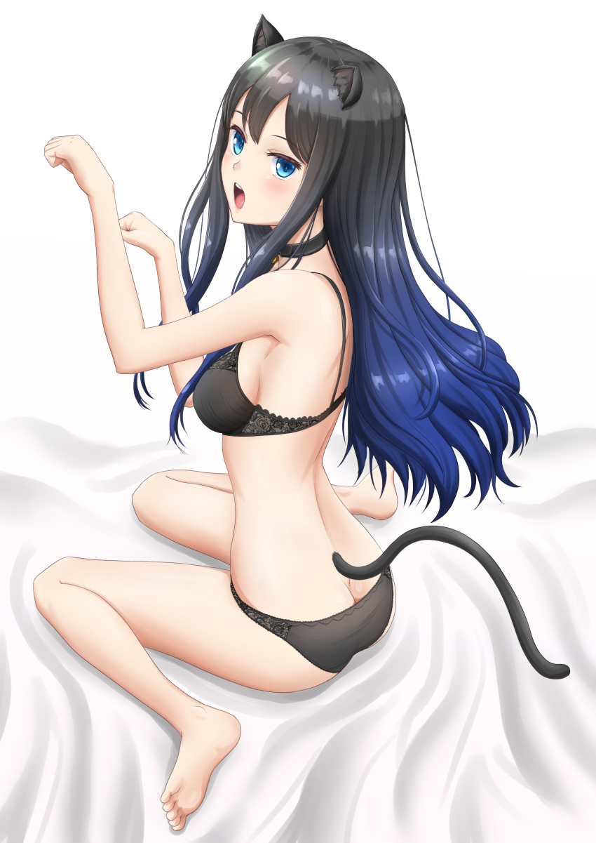 absurdres animal_ears ass bandana barefoot bell black_bra black_choker black_hair black_panties blue_eyes blush bra breasts butt_crack cat_ears cat_tail choker commentary female from_behind highres hoshikawa_shiori kayama_kouji kemonomimi_mode lace lace-trimmed_bra lace-trimmed_panties lace_trim leg_up lips long_hair looking_at_viewer looking_back medium_breasts neck_bell open_mouth original panties paw_pose sitting solo tail underwear underwear_only wariza white_bandana