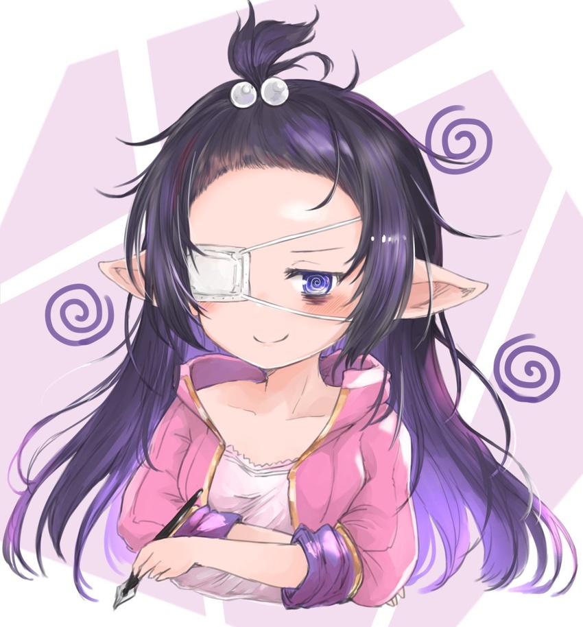 bags_under_eyes crossed_arms eyepatch female granblue_fantasy hair_bobbles hair_ornament harvin highres jacket leglus long_hair lunalu_(granblue_fantasy) medical_eyepatch nib_pen_(object) pointy_ears purple_hair smile solo spiral track_jacket upper_body