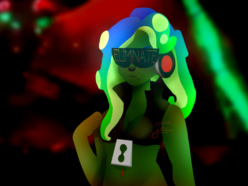 2019 4:3 alternate_color animal_humanoid big_breasts black_eyes blue_eyes breasts cephalopod cephalopod_humanoid cleavage clothed clothing covered_eyes dark_body dark_skin digital_media_(artwork) eyewear female glasses glowing glowing_eyes green_body green_skin hair hi_res humanoid jacket jupiter-boy lineless looking_at_viewer looking_down marina_(splatoon) marine marine_humanoid mollusk mollusk_humanoid navel navel_piercing navel_stud nintendo octarian octoling piercing pseudo_hair sanitized_octarian sanitized_octoling simple_background solo splatoon standing suction_cup sunglasses tentacle tentacle_hair topwear