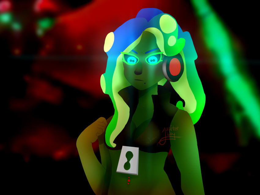 2019 4:3 alternate_color animal_humanoid big_breasts black_eyes blue_eyes breasts cephalopod cephalopod_humanoid cleavage clothed clothing dark_body dark_skin digital_media_(artwork) female glowing glowing_eyes green_body green_skin hair hi_res humanoid jacket jupiter-boy lineless looking_at_viewer looking_down marina_(splatoon) marine marine_humanoid mollusk mollusk_humanoid navel nintendo octarian octoling piercing pseudo_hair sanitized_octarian sanitized_octoling simple_background solo splatoon standing suction_cup tentacle tentacle_hair topwear