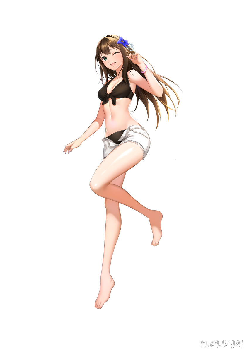 absurdres bad_id bad_pixiv_id bare_legs barefoot blue_flower blush breasts brown_hair cleavage commentary_request female flower full_body green_eyes groin hair_flower hair_ornament highres idolmaster idolmaster_cinderella_girls jai_(whany1998) large_breasts long_hair looking_at_viewer navel one_eye_closed parted_lips pearl_hair_ornament shibuya_rin smile solo stomach