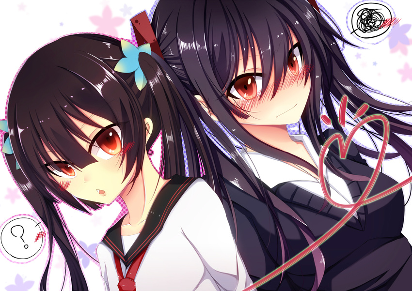 2girls black_hair bloodcatblack blush original red_eyes seifuku twintails