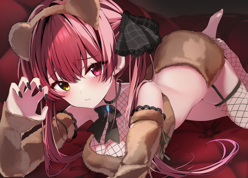 animal_costume animal_ears barefoot bear_costume bear_ears black_nails black_ribbon blush breasts brown_skirt brown_sleeves cleavage detached_sleeves fake_animal_ears female fishnet_thighhighs fishnets hair_ribbon heterochromia highres hololive houshou_kumarine houshou_marine large_breasts looking_at_viewer nail_polish red_eyes red_hair ribbon skirt solo thighhighs virtual_youtuber yellow_eyes yoshioka_pochi