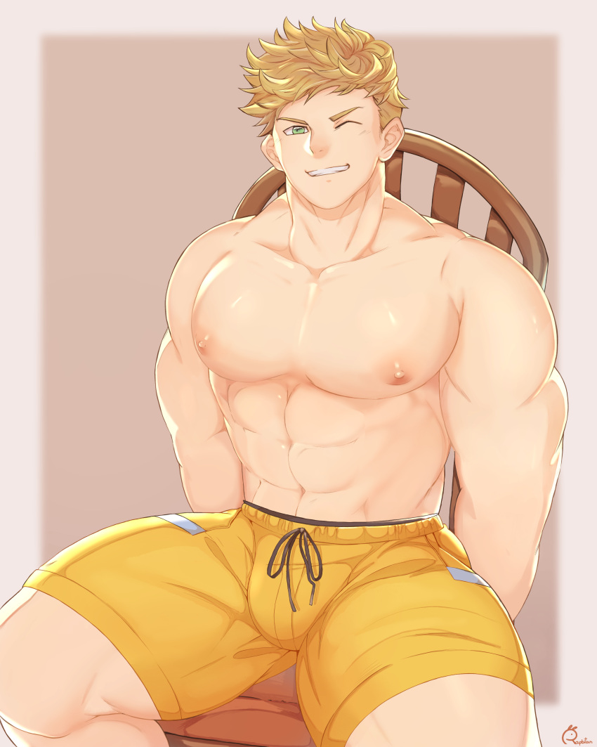 1boy abs absurdres artist_name bara blonde_hair chair commission granblue_fantasy green_eyes highres large_pectorals male_focus male_swimwear muscular muscular_male navel nipples official_alternate_costume one_eye_closed pectorals rapbitan short_hair simple_background sitting smile solo teeth thick_thighs thighs topless_male vane_(granblue_fantasy) vane_(summer)_(granblue_fantasy) yellow_male_swimwear