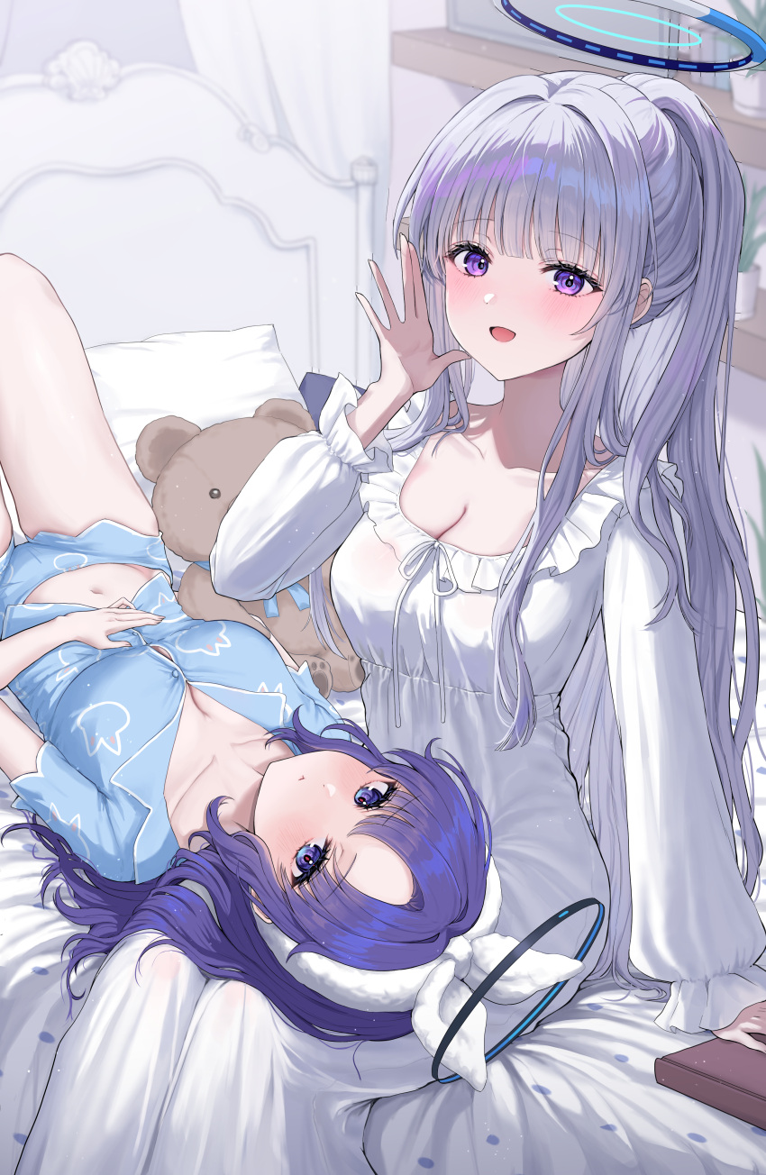 2girls absurdres bed bed_sheet blue_archive blue_pajamas blush breasts cleavage closed_mouth grey_hair halo highres indoors kuuhaku_(wutt5584) large_breasts long_hair long_sleeves looking_at_viewer mechanical_halo medium_breasts multiple_girls navel noa_(blue_archive) official_alternate_costume open_mouth pajamas pillow ponytail purple_eyes purple_hair short_sleeves smile stuffed_animal stuffed_toy teddy_bear white_pajamas yuuka_(blue_archive)