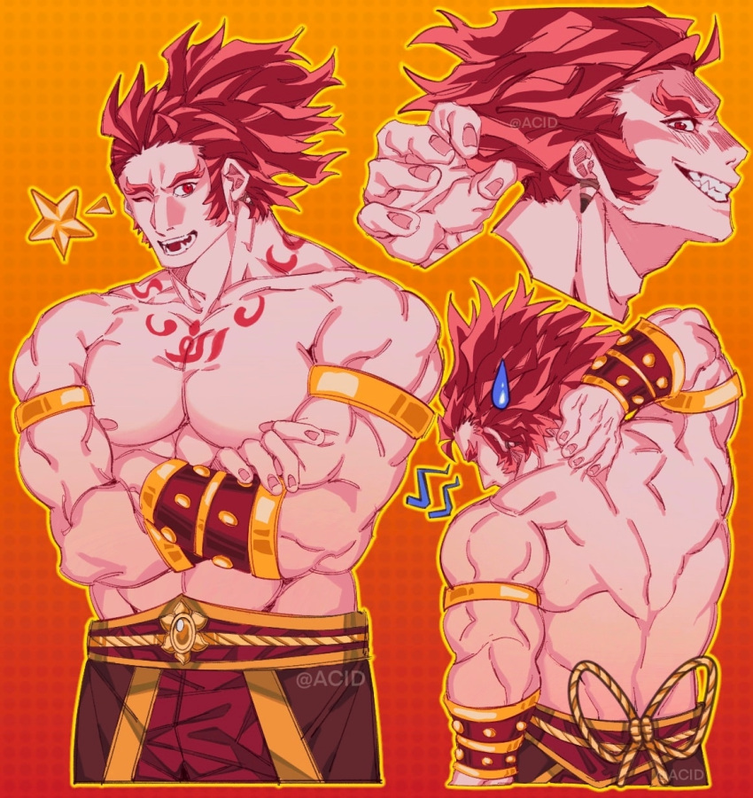 1boy abs armlet back_muscles bara bucchigiri?! cowboy_shot cropped_legs evil_smile grin highres large_pectorals long_hair long_sideburns looking_at_viewer male_focus mature_male multiple_views muscular muscular_male navel nipples one_eye_closed pectorals prehensile_hair red_eyes red_hair senya_(bucchigiri?!) sideburns smile stomach strongman_waist suansushiji sweatdrop thick_eyebrows topless_male wink_star