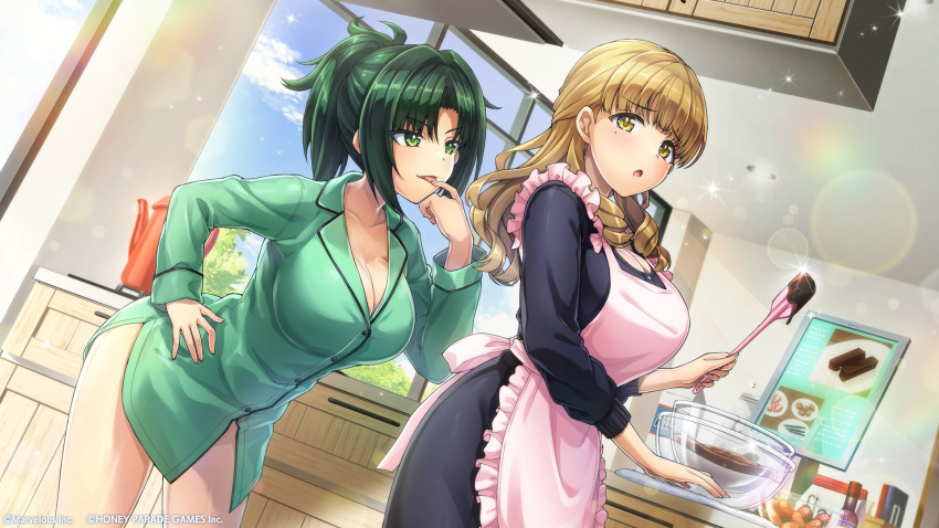 2girls :o apron ayato_utae blonde_hair blue_sky blunt_bangs blush breasts chocolate cleavage cloud collared_shirt dolphin_wave food fruit green_eyes green_hair hand_on_own_hip harunami_anri highres kettle kitchen large_breasts licking licking_finger long_sleeves mixing_bowl mole mole_under_eye multiple_girls naked_shirt official_art ootomo_takuji pink_apron ponytail shirt sky sparkle spatula strawberry table tongue tongue_out wavy_hair yellow_eyes