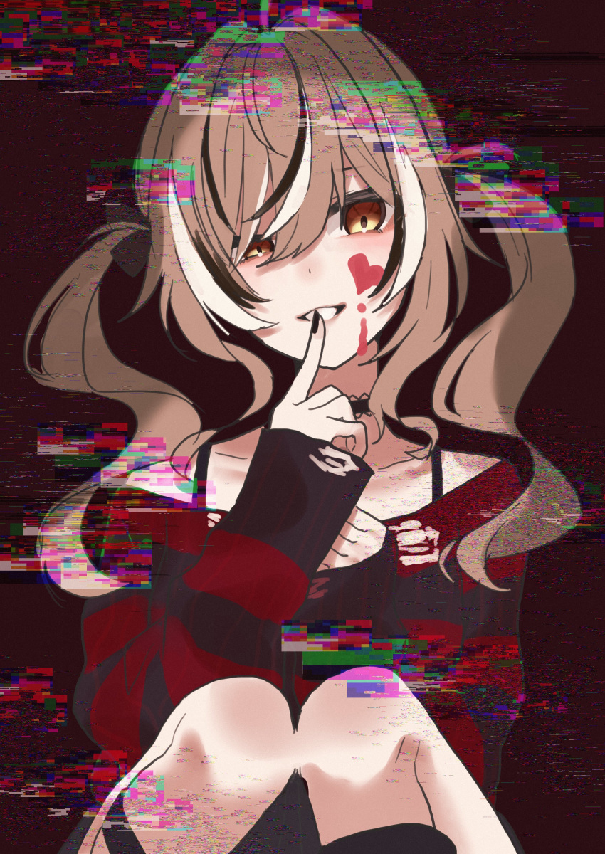 absurdres ahoge black_choker black_hair black_sweater blood blood_on_face brown_eyes brown_hair choker collar emo_fashion female finger_to_mouth hair_between_eyes hair_over_one_eye highres hololive hololive_english knee_strap long_hair looking_at_viewer mizuhasi multicolored_hair nail_polish nanashi_mumei nanashi_mumei_(emo) off-shoulder_shirt off_shoulder official_alternate_costume official_alternate_hairstyle red_nails red_sweater shirt shushing sleeves_past_wrists smile solo static streaked_hair striped_clothes striped_sweater sweater torn_clothes torn_sweater twintails virtual_youtuber white_hair yandere