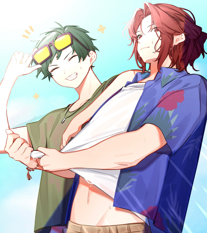 2boys absurdres araki_(utaite) beads blue_jacket brown_pants closed_eyes closed_mouth clothes_lift clothes_pull gero glasses green_hair green_shirt highres indie_utaite jacket jewelry male_focus midriff multiple_boys navel necklace nyannyan_321 pants red_eyes red_hair shirt shirt_lift shirt_pull short_hair smile stomach tassel teeth wet white_shirt yellow-framed_eyewear