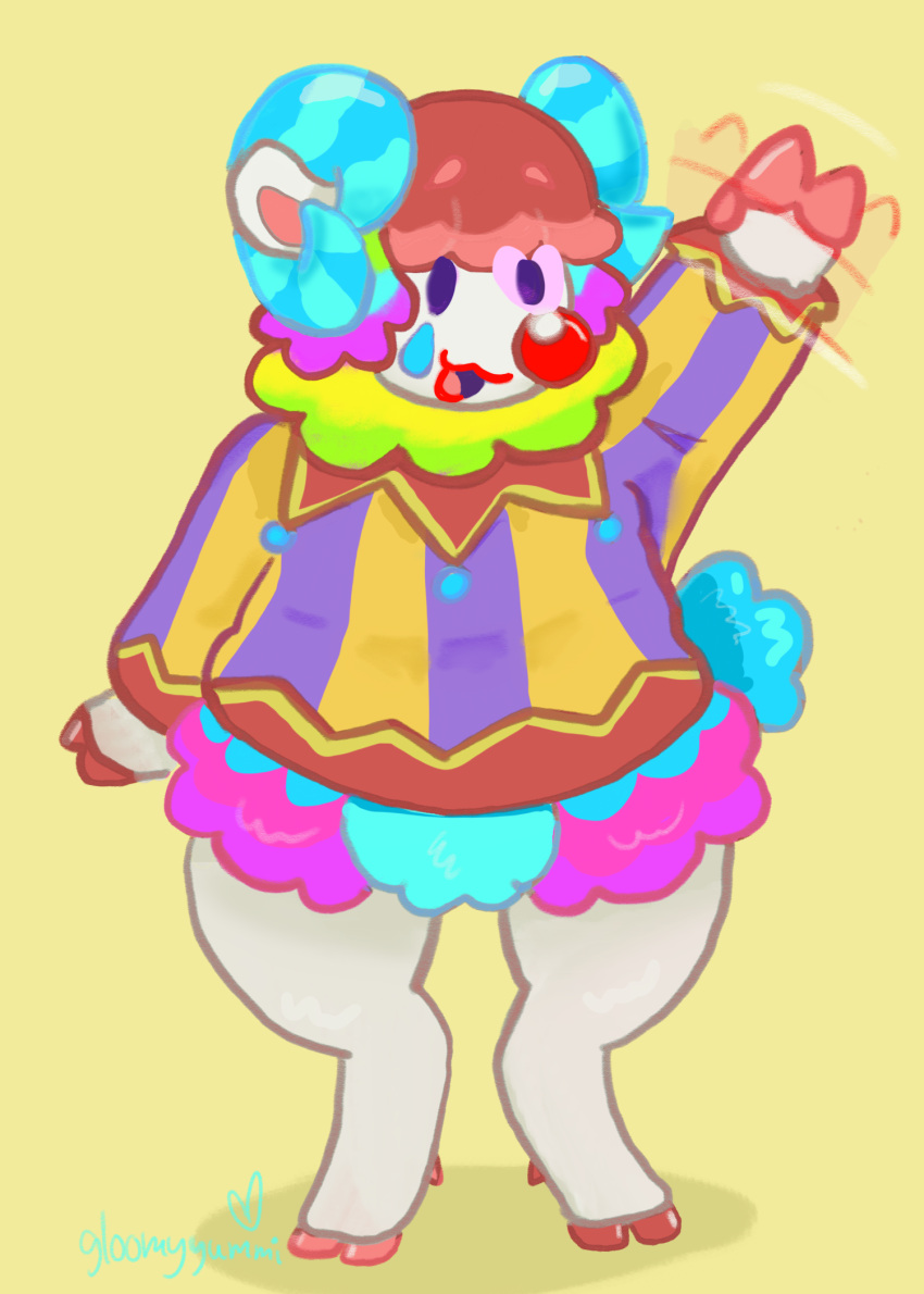 animal_crossing anthro bovid bovid_horn caprine caprine_horn clown_nose gesture gloomyyummi hair happy hi_res hooves horn jester lipstick makeup male mammal nintendo pietro_(animal_crossing) ram_horn sheep solo waving