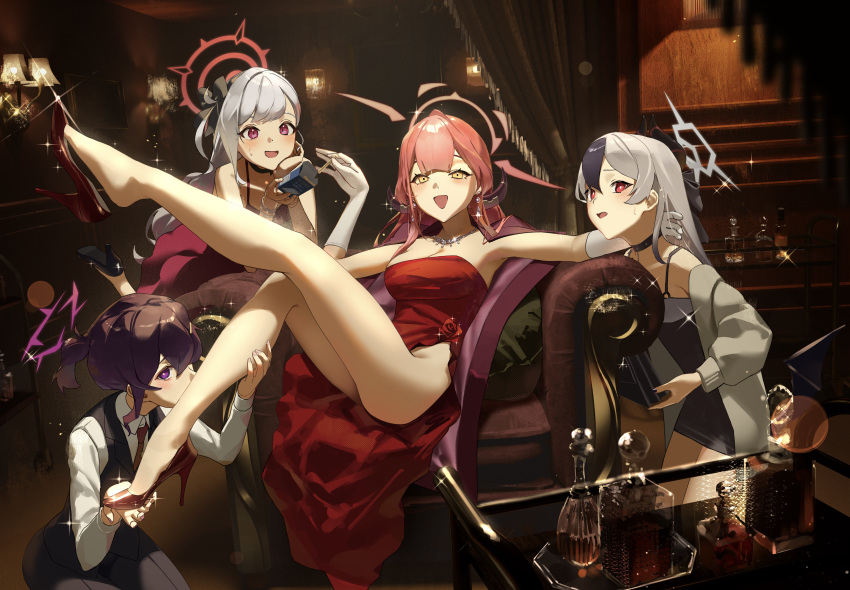 4girls :d absurdres arm_around_neck armchair aru_(blue_archive) aru_(dress)_(blue_archive) bare_legs black_choker black_dress black_hair black_vest blue_archive bottle breasts chair choker cleavage commentary_request dress earrings full_body gloves grey_hair halo haruka_(blue_archive) haruka_(suit)_(blue_archive) high_heels highres holding horns indoors jacket jewelry kayoko_(blue_archive) kayoko_(dress)_(blue_archive) kissing_leg leg_up long_hair long_sleeves medium_breasts multicolored_hair multiple_girls mutsuki_(blue_archive) mutsuki_(dress)_(blue_archive) necklace necktie official_alternate_costume open_clothes open_jacket pink_hair ponytail problem_solver_68_(blue_archive) purple_eyes purple_hair rasa_k red_dress red_eyes red_necktie shirt sitting sleeveless sleeveless_dress smile sparkle strapless strapless_dress streaked_hair vest white_gloves white_shirt yellow_eyes