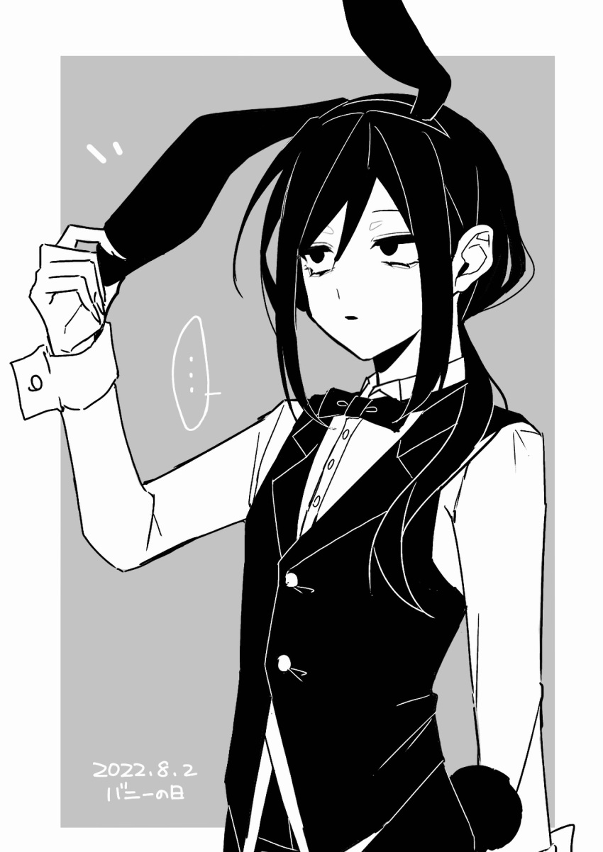 ... 1boy alternate_costume animal_ears black_bow black_bowtie black_eyes black_hair black_vest border bow bowtie buttons collared_shirt dated fake_animal_ears grey_background greyscale hair_between_eyes highres kunai_tadashi long_hair long_sleeves male_focus monochrome original orthodoxia_(vocaloid) parted_lips ponytail rabbit_ears rabbit_tail roro_0818 shirt solo spoken_ellipsis tail vest vocaloid white_border