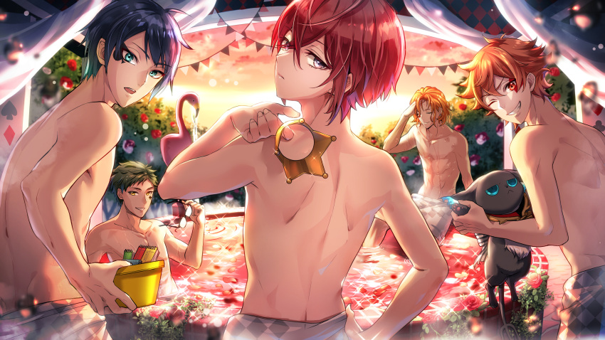 5boys absurdres ace_trappola bishounen blue_eyes bucket cater_diamond crown deuce_spade facial_mark grey_eyes highres looking_back male_focus multiple_boys one_eye_closed petals red_eyes riddle_rosehearts string_of_flags toned toned_male topless_male trey_clover twisted_wonderland unworn_crown yuduki_(tt-yuduki)