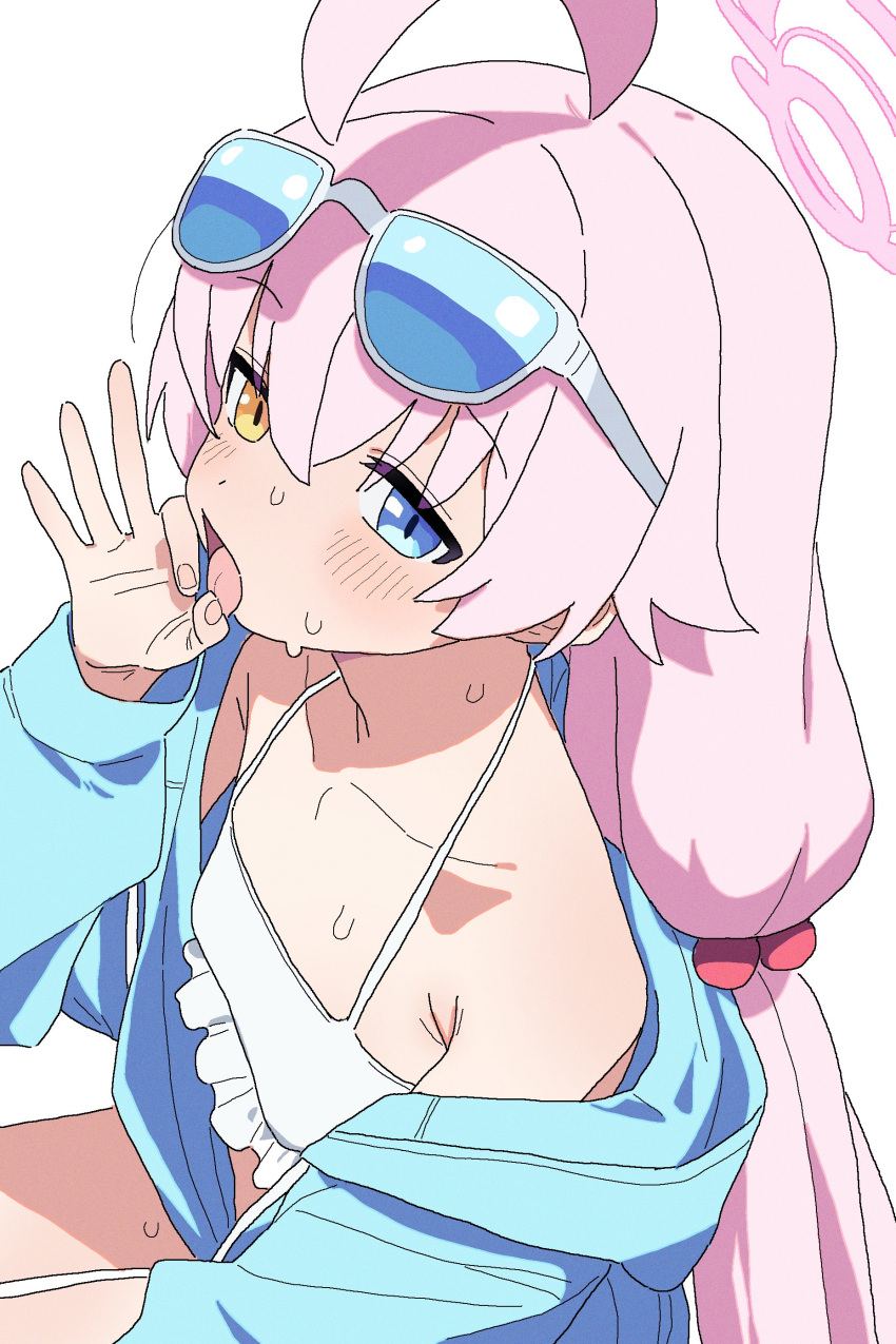 absurdres ahoge bare_shoulders bikini blue_archive blue_eyes blue_hoodie blush breasts collarbone drawstring eyewear_on_head fellatio_gesture frilled_bikini frills from_above hair_between_eyes hair_ornament halo heterochromia highres hood hoodie hoshino_(blue_archive) hoshino_(swimsuit)_(blue_archive) kneeling long_hair looking_at_viewer open_clothes open_hoodie open_mouth pink_hair pink_halo simple_background sitting small_breasts sunglasses sweat swimsuit tongue twintails white-framed_eyewear white_background white_bikini yabedaro yellow_eyes