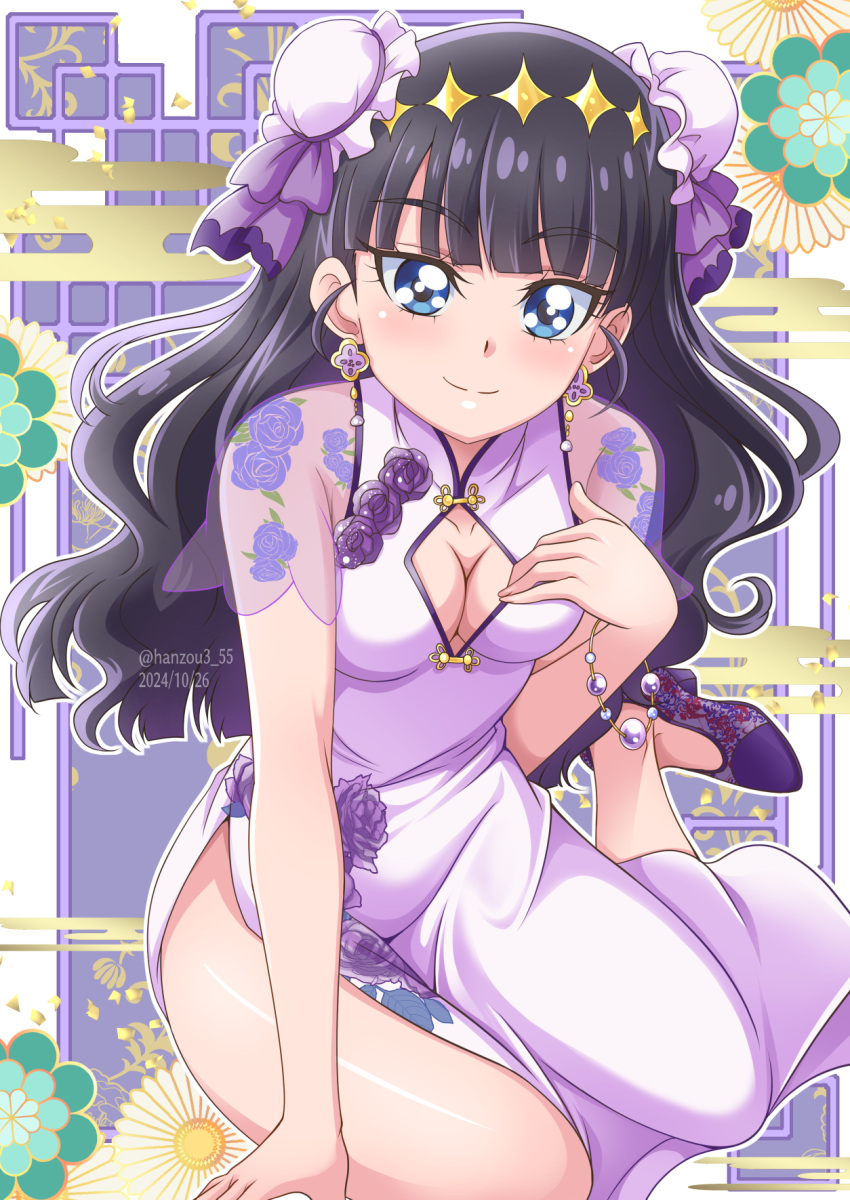 alternate_costume blush breasts bun_cover china_dress chinese_clothes cleavage delicious_party_precure double_bun dress female floral_background hair_bun hair_ornament hand_on_own_chest hanzou highres kasai_amane large_breasts long_hair looking_at_viewer pelvic_curtain precure purple_dress purple_eyes see-through_clothes see-through_sleeves sitting small_breasts smile solo white_background