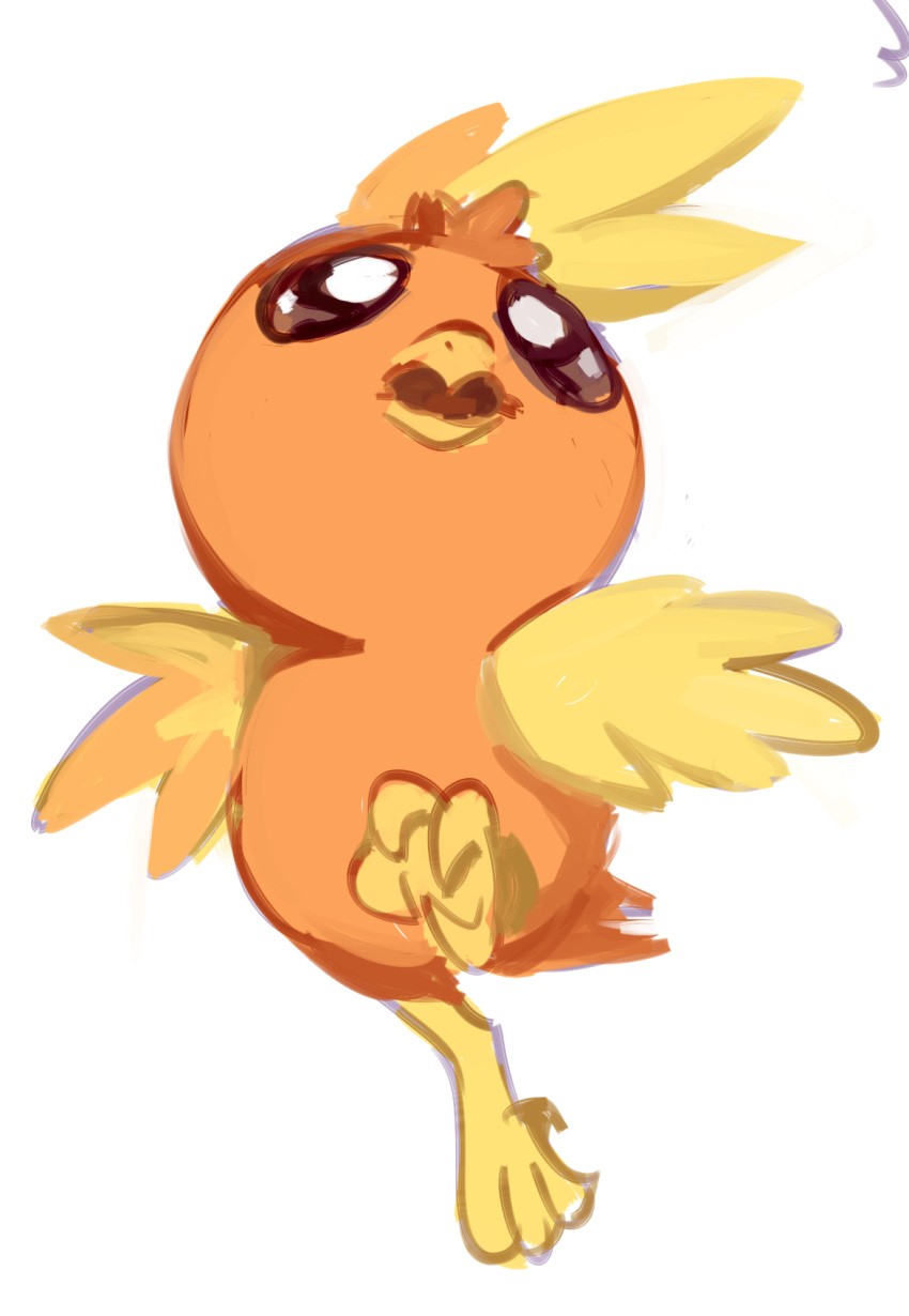 2019 ambiguous_gender anterior_nasal_aperture beak biped brown_eyes digital_media_(artwork) feathered_wings feathers feet feral flavia-elric generation_3_pokemon hi_res nintendo open_mouth orange_body pokemon pokemon_(species) simple_background solo talons toes torchic white_background wings