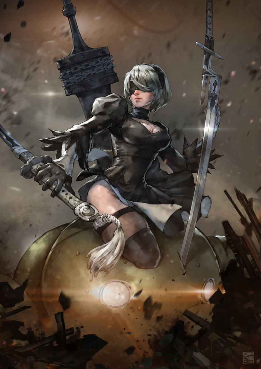 2b_(nier:automata) black_blindfold black_gloves black_leotard black_thighhighs blindfold bob_cut breasts cleavage cleavage_cutout clothing_cutout dual_wielding female full_body gloves headband highres holding holding_sword holding_weapon iamzoof katana leotard long_sleeves medium_breasts nier:automata nier_(series) puffy_long_sleeves puffy_sleeves solo sword thighhighs weapon weapon_on_back white_hair