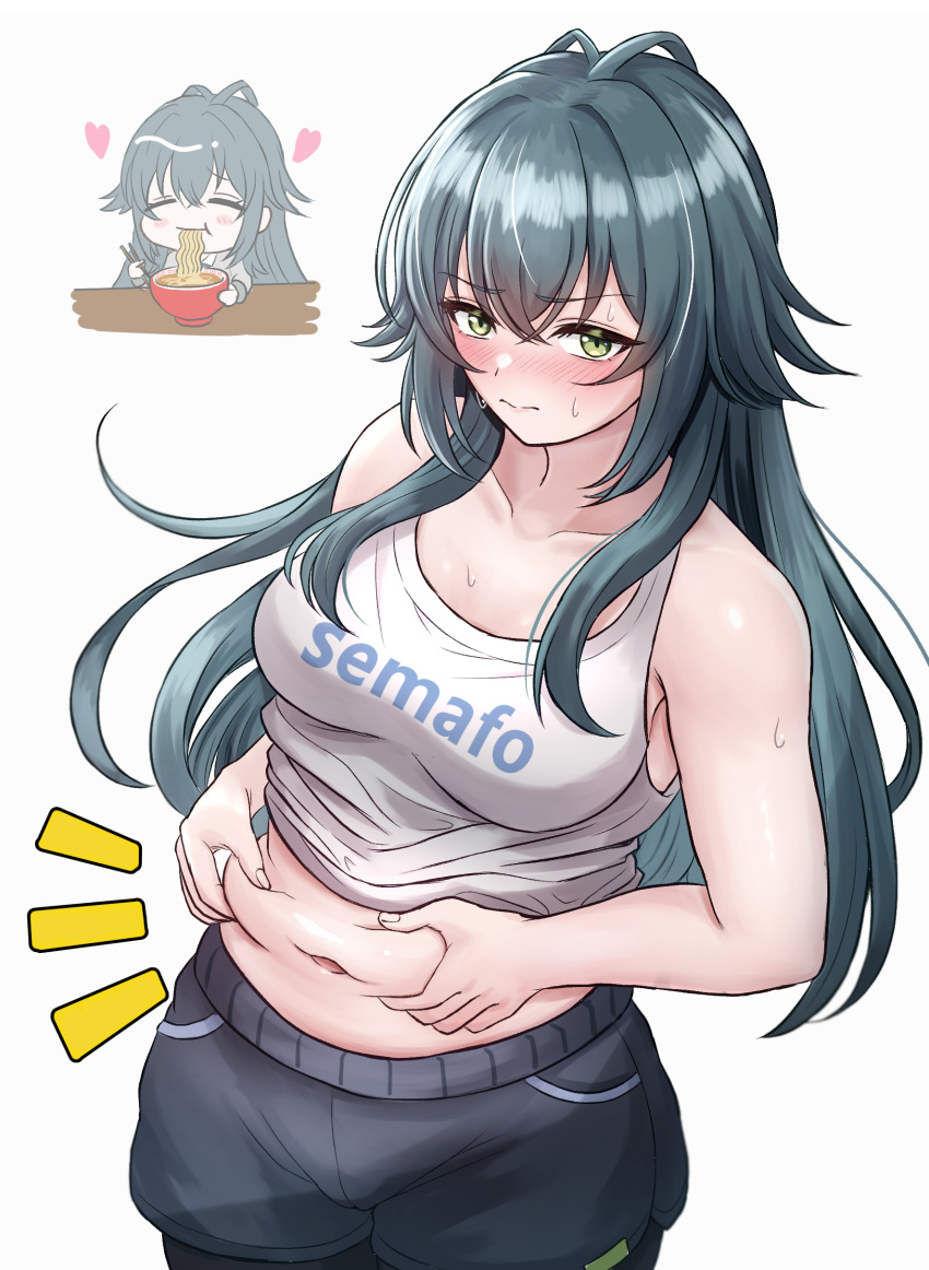 ^_^ absurdres belly belly_grab black_shorts breasts chibi chibi_inset closed_eyes collarbone commentary_request eating female food foodgasm gakuen_idolmaster green_eyes green_hair hair_flaps heart highres idolmaster latte_(a_nextsystem) long_hair looking_at_viewer medium_breasts midriff multiple_views navel noodles notice_lines ramen shorts simple_background stomach sweat tank_top tsukimura_temari very_long_hair weight_conscious white_background white_tank_top