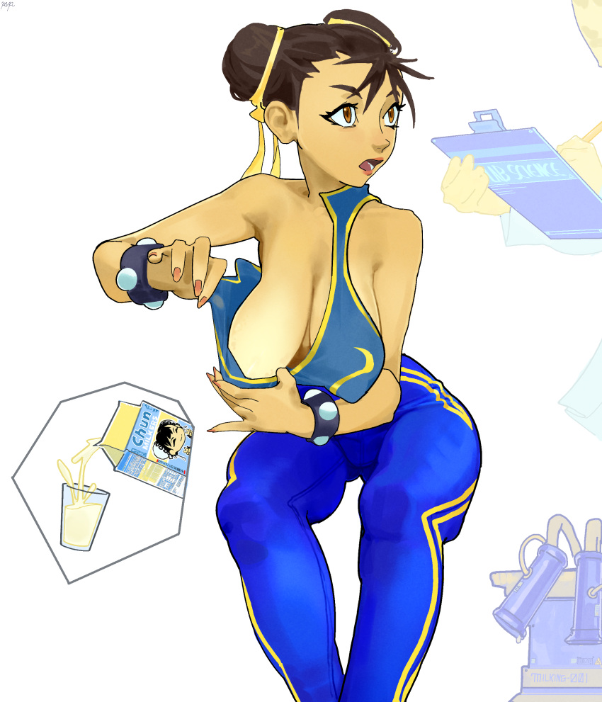 absurdres breasts brendon_paes brown_eyes brown_hair capcom chun-li collarbone female highres large_breasts leggings legs neck one_breast_out street_fighter