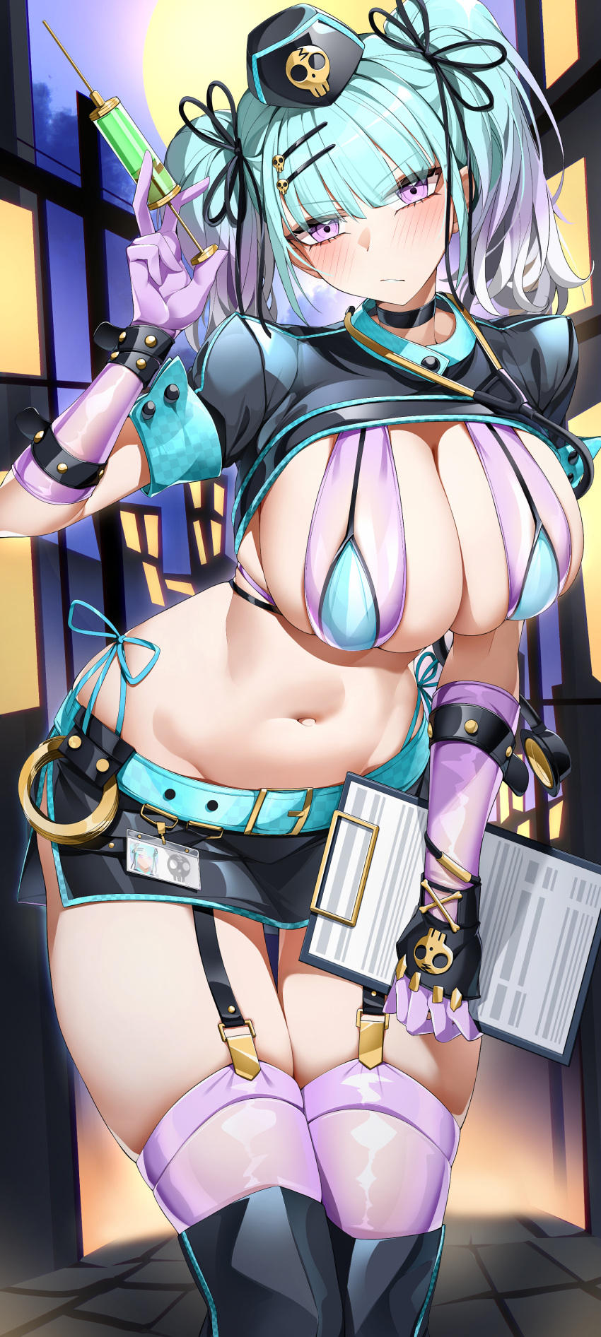 absurdres aqua_belt aqua_bikini aqua_hair bikini black_choker black_footwear black_shirt black_skirt blunt_bangs blush boots breasts casul choker cleavage clipboard closed_mouth cosplay elbow_gloves english_commentary fate/grand_order fate_(series) female florence_nightingale_(fate) florence_nightingale_(trick_or_treatment)_(fate) florence_nightingale_(trick_or_treatment)_(fate)_(cosplay) garter_straps gloves groin hair_ornament hairclip hand_up hat highleg highleg_bikini highres holding holding_clipboard id_card large_breasts layered_bikini long_hair looking_at_viewer multicolored_hair navel nurse_cap original purple_eyes purple_gloves purple_thighhighs revealing_clothes rubber_gloves shirt short_sleeves shrug_(clothing) side-tie_bikini_bottom side_slit sidelocks skindentation skirt solo standing stethoscope stomach swimsuit syringe thigh_boots thighhighs thighhighs_under_boots twintails