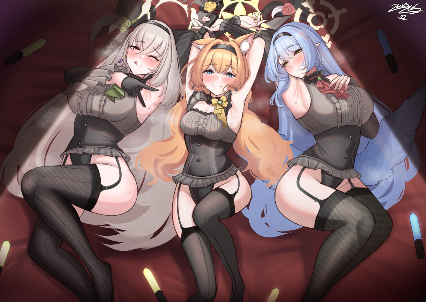 3girls ;q absurdres animal_ear_fluff animal_ears armpits ascot black_gloves black_hairband black_hat black_panties black_pantyhose black_thighhighs blue_archive blue_eyes blue_hair bow cat_ears cat_girl closed_mouth commentary flower gloves green_ascot green_eyes green_flower green_rose grey_hair grey_shirt hair_between_eyes hairband hat hat_flower highres laxiusart long_hair looking_at_viewer lying mari_(blue_archive) mari_(idol)_(blue_archive) mine_(blue_archive) mine_(idol)_(blue_archive) mini_hat mini_top_hat multiple_girls official_alternate_costume official_alternate_hairstyle on_back one_eye_closed orange_hair panties pantyhose pointy_ears purple_eyes red_ascot red_flower red_rose rose sakurako_(blue_archive) sakurako_(idol)_(blue_archive) shirt sleeveless sleeveless_shirt smile spread_armpit steaming_body thighhighs thighs tongue tongue_out top_hat underwear unworn_hat unworn_headwear yellow_bow yellow_flower yellow_rose