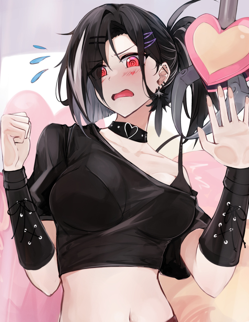 @_@ arm_guards azur_lane black_bra black_choker black_hair black_shirt blush bra bra_strap breasts choker clenched_hand collarbone crop_top cropped_shirt female flustered flying_sweatdrops haguro_(azur_lane) haguro_(caught_by_nightfall)_(azur_lane) hair_over_eyes hands_up heart heart_choker highres large_breasts long_hair marshall_k navel off_shoulder official_alternate_costume open_mouth ponytail red_eyes see-through_clothes see-through_shirt shirt strap_lift underwear upper_body