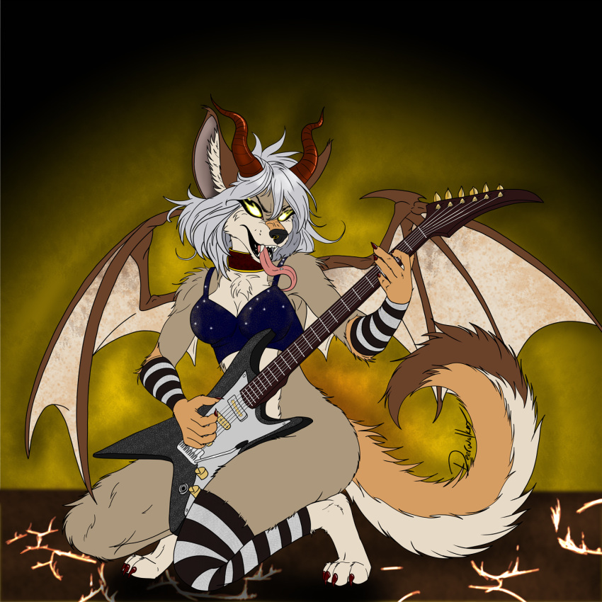 1:1 anthro big_ears breasts canid canid_demon canine canis chest_tuft cleavage clothed clothing collar colored_nails coyote curled_tail deerwalker demon electric_guitar facial_piercing fangs female fire flat_colors gloves glowing glowing_eyes guitar hair halter_top handwear hellhound hi_res horn inner_ear_fluff kneeling kneeling_on_ground legwear line_art long_tongue magic mammal membrane_(anatomy) membranous_wings musical_instrument mythological_canine mythological_creature mythology nails nose_piercing nose_ring pantsless pattern_clothing piercing plucked_string_instrument ring_piercing simple_background snarling solo sparkles stockings string_instrument striped_clothing stripes tail teeth tongue tongue_out tongue_piercing tuft white_hair wings