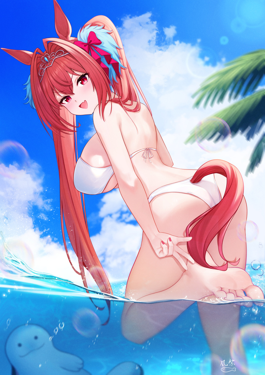 absurdres alternate_costume ass barefoot bikini breasts brown_hair daiwa_scarlet_(umamusume) female highres horse_girl kazamatsuri_honatsu large_breasts long_hair looking_at_viewer narrow_waist ocean open_mouth palm_tree pokemon pokemon_(creature) red_eyes sky soles solo swimsuit tiara tree twintails umamusume white_bikini