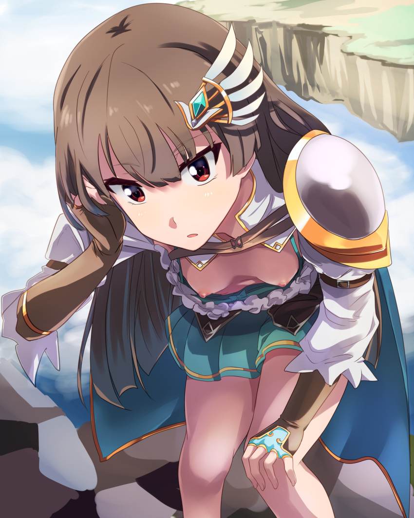 absurdres armor blue_cape blunt_bangs blush breasts breasts_apart brown_corset brown_gloves brown_hair cape commentary_request corset day downblouse elbow_gloves female fingerless_gloves frilled_shirt frilled_sleeves frills gloves hair_ornament highres hime_cut juujou_hiyori leaning_forward long_hair long_sleeves looking_at_viewer mashitono_desu nipple_slip nipples outdoors parted_lips red_eyes shirt shoulder_armor small_breasts solo standing toji_no_miko tucking_hair white_shirt