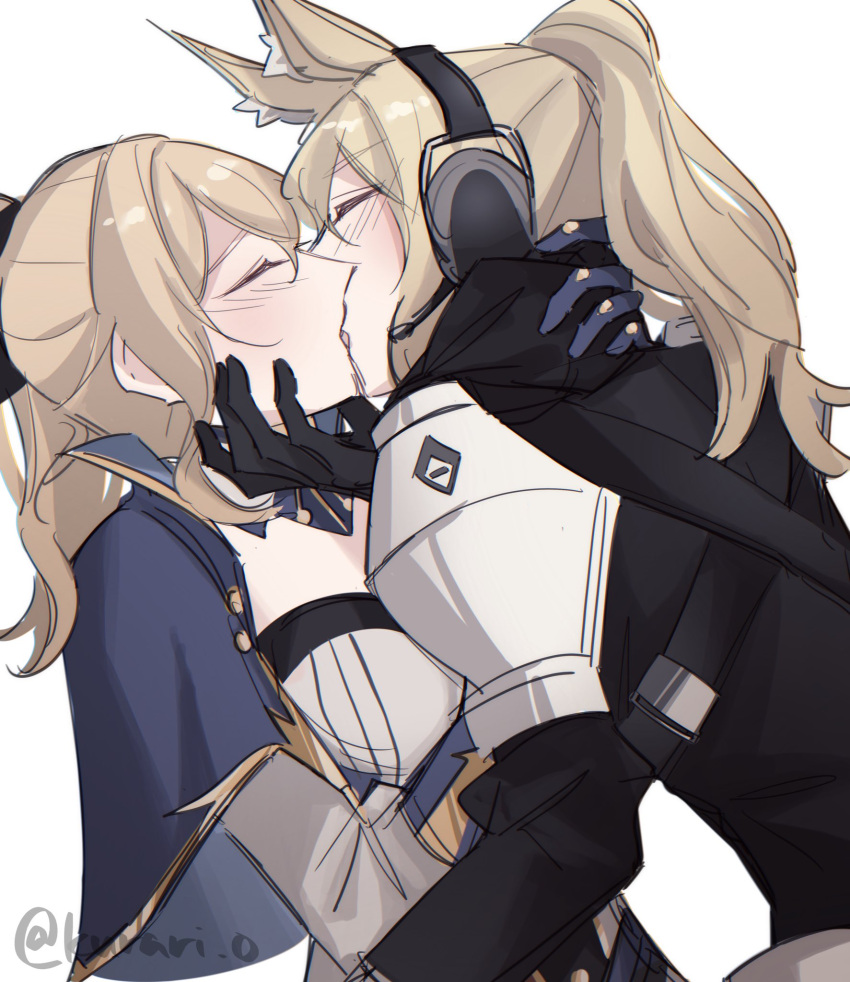 2girls arknights armor black_gloves blonde_hair blue_capelet blue_gloves blush capelet closed_eyes commission crossover french_kiss genshin_impact gloves hand_on_another's_face highres jean_(genshin_impact) kissing kurari_o long_hair multiple_girls nearl_(arknights) ponytail simple_background twitter_username white_background yuri