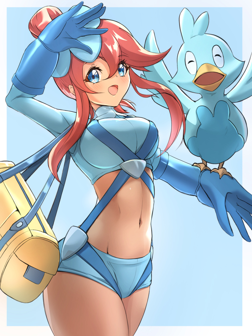 :d arm_up bag belt bird blue_background blue_belt blue_eyes blue_gloves blue_jacket blue_shorts breasts chest_harness closed_eyes commentary cowboy_shot crop_top cropped_jacket deekei duck ducklett elbow_gloves female gloves groin hair_between_eyes hair_ornament harness highres jacket large_breasts light_blush looking_at_viewer midriff navel one_side_up open_mouth pokemon pokemon_(creature) pokemon_bw pokemon_on_arm red_hair salute short_hair_with_long_locks short_shorts shorts shoulder_bag sidelocks simple_background skyla_(pokemon) smile standing swept_bangs yellow_bag