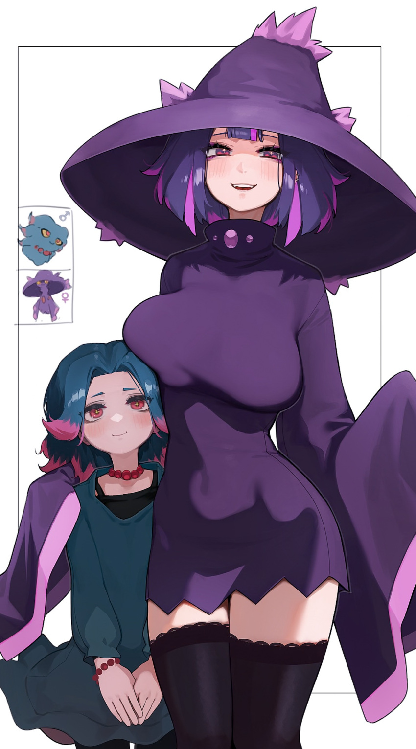 1boy age_difference blue_hair breasts colored_tips creature_and_personification dress female hat highres kashu_(hizake) large_breasts light_blush medium_hair misdreavus mismagius multicolored_hair open_mouth own_hands_together personification pokemon pokemon_(creature) purple_eyes purple_hair sleeves_past_wrists thighhighs wide_sleeves witch_hat