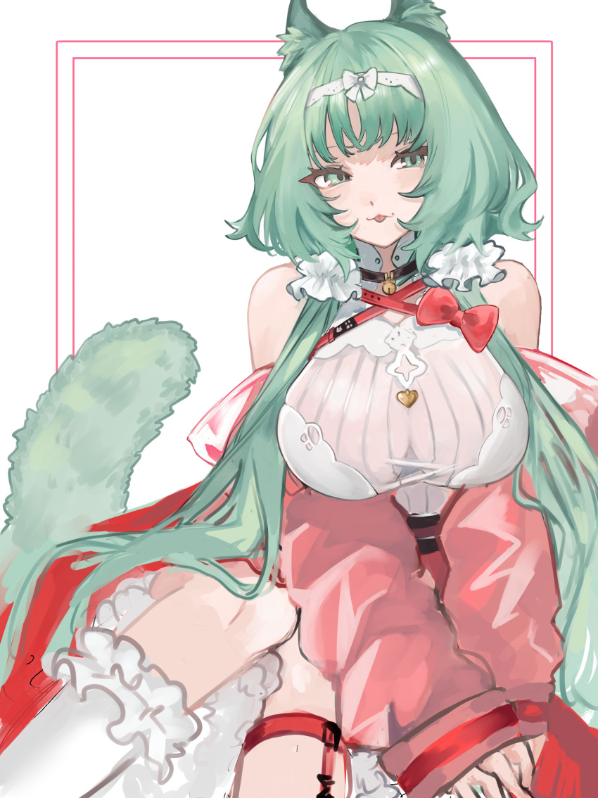 :p absurdres animal_ear_fluff animal_ears arknights bare_shoulders bell bow breasts cat_ears cat_girl cat_tail feet_out_of_frame female green_eyes green_hair hair_ornament hairband harmonie_(arknights) harmonie_(decoration)_(arknights) harume_neko heart highres jacket large_breasts long_hair long_sleeves looking_at_viewer neck_bell official_alternate_costume pink_jacket red_bow see-through_clothes shirt solo tail thigh_strap tongue tongue_out white_bow white_hairband