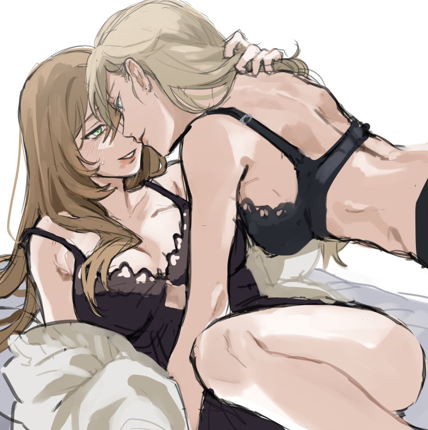 2girls absurdres babydoll bare_arms bare_legs black_babydoll black_bra black_pantyhose blonde_hair blue_eyes bra brown_hair commentary genshin_impact green_eyes hand_in_another's_hair hashtag-only_commentary highres jean_(genshin_impact) lingerie lipstick lisa_(genshin_impact) long_hair makeup multiple_girls pantyhose parted_lips simple_background smeared_lipstick smile underwear underwear_only white_background yamabuki0211 yuri