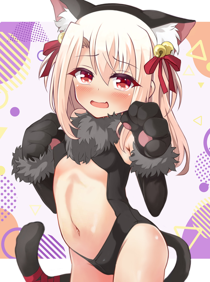 animal_ears animal_hands bare_shoulders bell black_leotard blush breasts cat_ears center_opening fate/kaleid_liner_prisma_illya fate_(series) female fur_collar gloves highres illyasviel_von_einzbern illyasviel_von_einzbern_(beast_style) jingle_bell leotard long_hair looking_at_viewer mochi_(k620803n) open_mouth paw_gloves red_eyes small_breasts solo white_hair