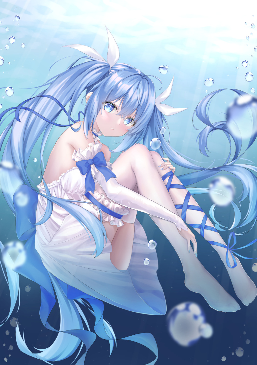 absurdres air_bubble bare_back bare_shoulders blue_hair blue_nails blue_ribbon bubble caustics dress female hatsune_miku highres leg_ribbon long_bangs long_hair long_sleeves looking_at_viewer momomochi_(839140926) neck_ribbon ribbon strapless strapless_dress thighhighs twintails underwater vocaloid white_dress