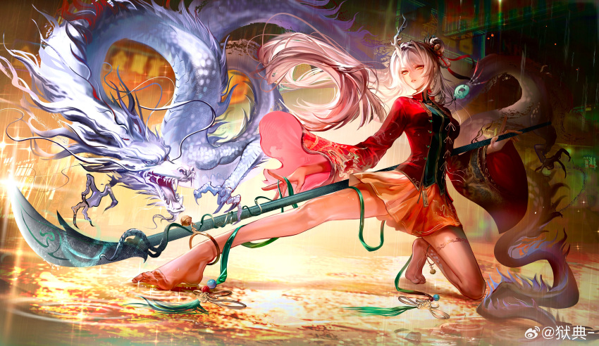 absurdres ankle_bell backlighting bare_legs barefoot bell dragon dragon_print eastern_dragon eastern_dragon_horns female floating_hair full_body glint guan_dao guilongchao hair_bell hair_ornament highres holding holding_polearm holding_weapon horns jade_(gemstone) long_hair long_sleeves looking_at_viewer miniskirt neon_lights night on_one_knee outdoors polearm print_shirt qinglong_yuanjun rain red_shirt road shirt single_horn skirt solo street very_long_hair weapon weibo_logo weibo_watermark wet_floor white_hair wide_sleeves yellow_eyes yellow_skirt yud79317724