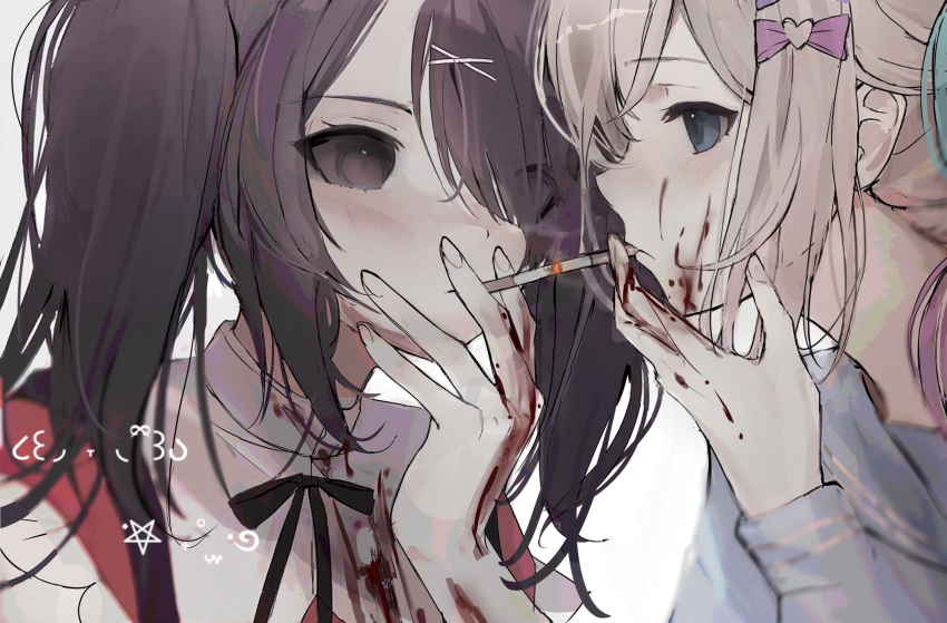 2girls ame-chan_(needy_girl_overdose) black_eyes black_hair blonde_hair blood blood_on_clothes blood_on_face blue_eyes blue_hair blue_shirt chouzetsusaikawa_tenshi-chan cigarette cigarette_kiss collared_shirt commentary dual_persona hair_ornament hair_over_one_eye hashtag-only_commentary highres long_hair multicolored_hair multiple_girls needy_girl_overdose pink_hair red_shirt shirt simple_background smoking twintails ultra_d3spair white_background x_hair_ornament