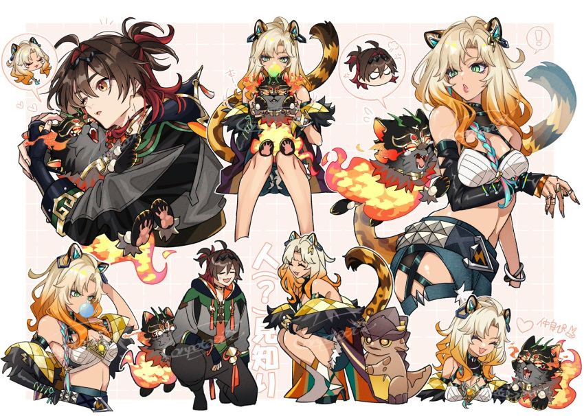 1boy animal_ears bare_shoulders black_gloves blonde_hair breasts brown_eyes brown_hair chewing_gum closed_eyes con_potata dark_skin female fingerless_gloves gaming_(genshin_impact) genshin_impact gloves green_eyes hair_between_eyes high_heels hood hooded_jacket jacket jaguar_ears jaguar_girl jaguar_tail long_hair long_sleeves man_chai_(genshin_impact) multicolored_hair multiple_views open_mouth red_hair short_shorts shorts simple_background smile tail tepetlisaurus_(genshin_impact) thighs xilonen_(genshin_impact)