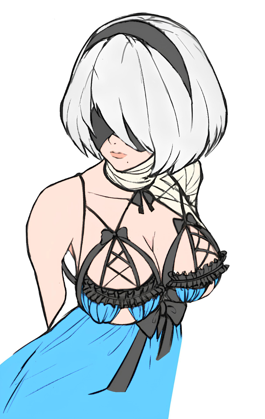 2b_(nier:automata) absurdres bandage_on_neck bandaid bare_shoulders black_blindfold blindfold breasts closed_mouth cosplay covered_eyes dress female ferealp3 hair_ornament hairband highres kaine_(nier) kaine_(nier)_(cosplay) large_breasts lips mole mole_under_mouth nier nier:automata nier_(series) short_hair sleeveless solo upper_body white_hair