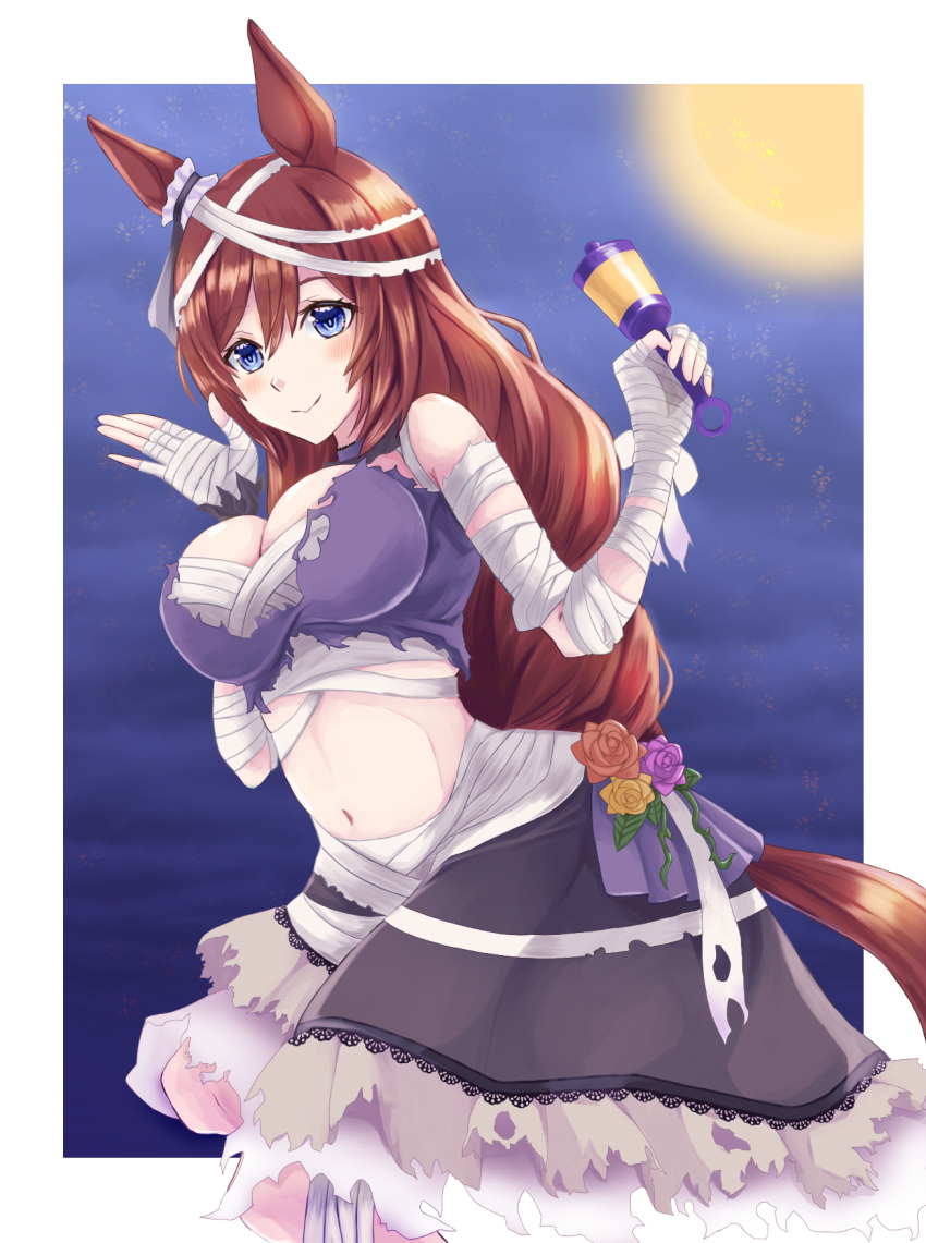 animal_ears bandaged_arm bandaged_head bandages black_skirt blue_eyes blue_shirt breasts brown_hair closed_mouth cowboy_shot crop_top ear_ornament full_moon halloween highres holding horse_ears horse_girl horse_tail kemuri_(etep3372) large_breasts leaning_forward long_hair looking_at_viewer midriff miniskirt moon mummy_costume navel night official_alternate_costume outdoors outside_border overcast rattle shirt skirt sky sleeveless sleeveless_shirt smile standing super_creek_(chiffon_ribbon_mummy)_(umamusume) super_creek_(umamusume) tail torn_clothes torn_shirt torn_skirt umamusume waving