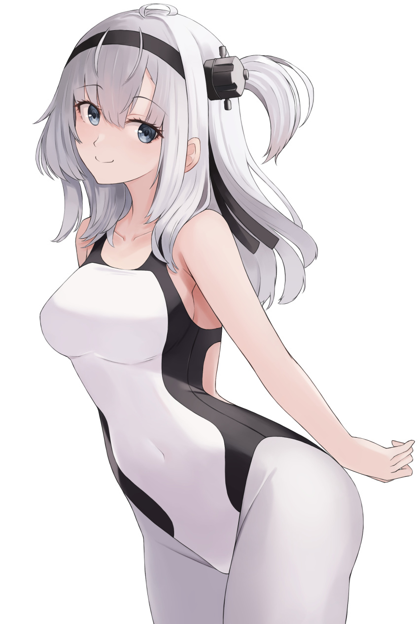 absurdres alternate_costume beisaku_bei black_one-piece_swimsuit breasts clothes_writing competition_swimsuit covered_navel female grey_eyes grey_hair hachimaki hair_between_eyes headband highleg highleg_one-piece_swimsuit highres kantai_collection long_hair looking_at_viewer medium_breasts one-piece_swimsuit one_side_up pantyhose pantyhose_under_swimsuit smile solo suzutsuki_(kancolle) swimsuit two-tone_one-piece_swimsuit white_one-piece_swimsuit white_pantyhose