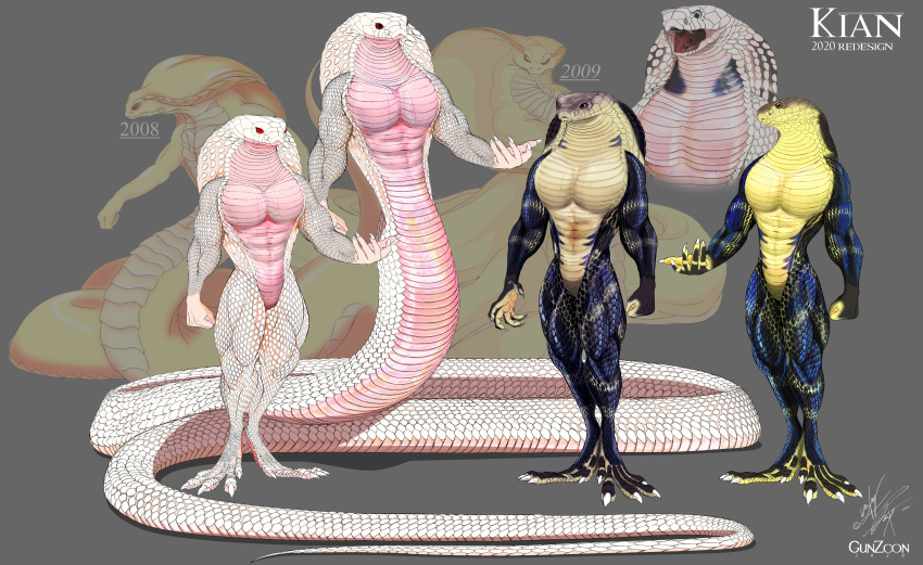 2020 4_toes 5_fingers absurd_res albino anthro apode art_evolution belly_scales blue_eyes claws detailed detailed_scales draconcopode fangs feet fingers folded_fangs glottis grey_background gunzcon hi_res kian legless male model_sheet muscular muscular_anthro muscular_draconcopode muscular_male naga red_eyes reptile scales scalie serpentine signature simple_background snake snake_hood snake_naga teeth toe_claws toes tongue_sheath