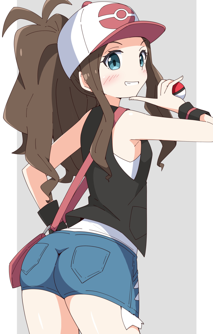 absurdres aikawa_ryou ass bare_shoulders baseball_cap black_vest blue_eyes blue_shorts blush border brown_hair commentary_request denim denim_shorts female from_behind grey_background grin hand_up hat highres hilda_(pokemon) holding holding_poke_ball long_hair looking_at_viewer looking_back parted_bangs poke_ball poke_ball_(basic) pokemon pokemon_bw ponytail shirt short_shorts shorts sidelocks sleeveless sleeveless_shirt smile solo very_long_hair vest white_border white_hat white_shirt wrist_cuffs